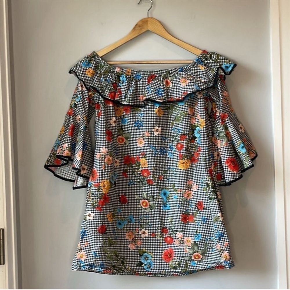Zara Gingham Off The Shoulder Tunic Floral Ruffle Mini Dress - Picture 4 of 8